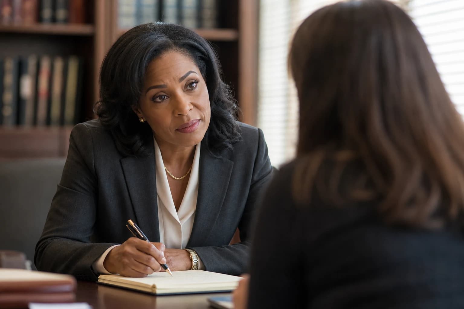 An attorney listening intently and taking notes as a client tells her story