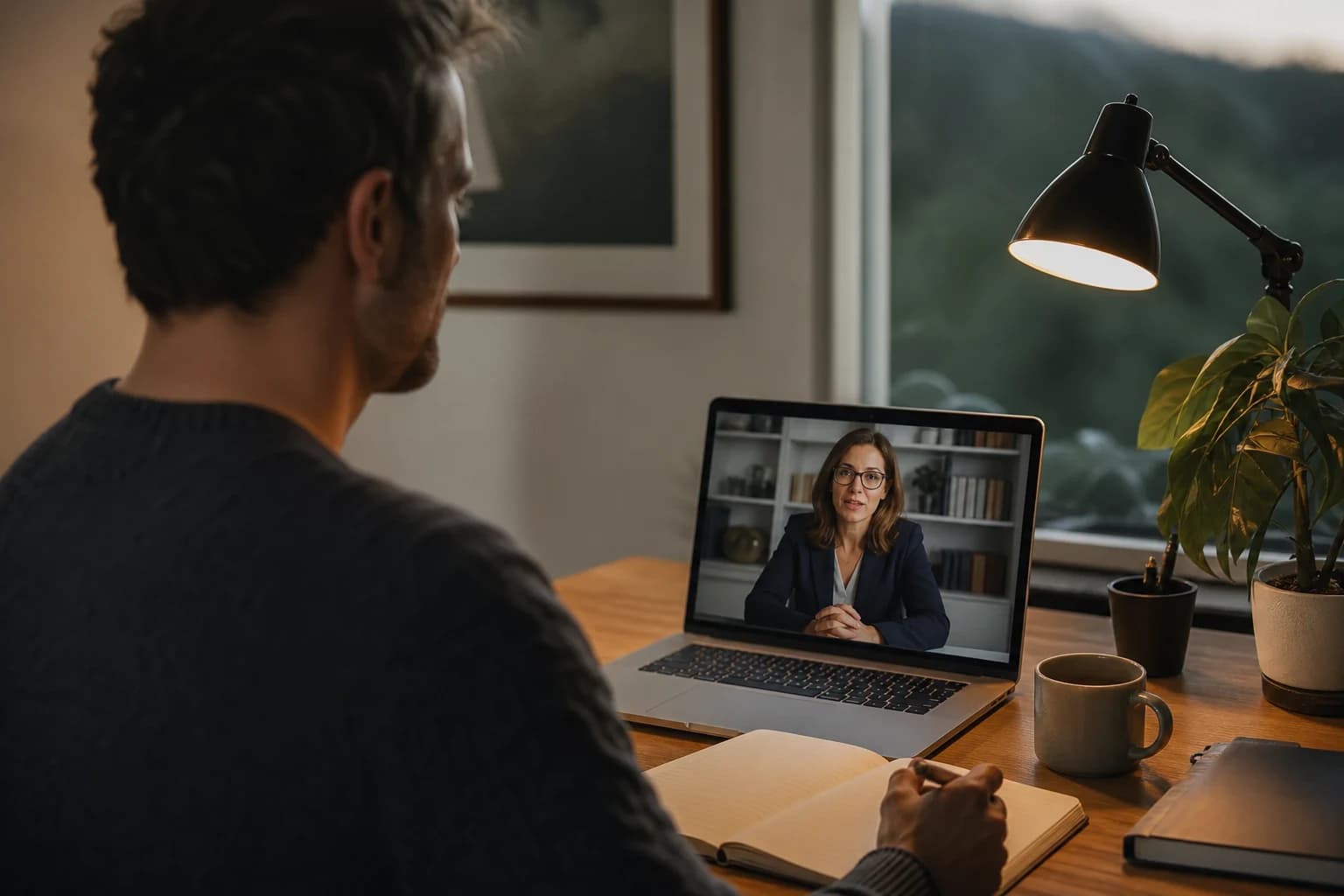 A worker at his desk in the evening, on a video call with a California employment attorney